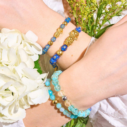 Pixiu Feng Shui Armband | Wasserelement | Blauer Achat x 18 Karat Gold